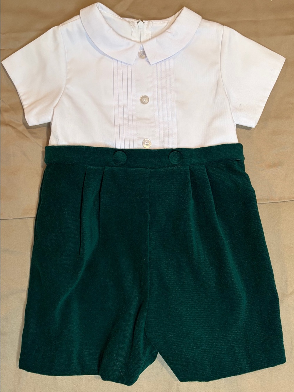 Florence Eiseman Boys 24M Green Velvet White Piqué Holiday Shortall NWT